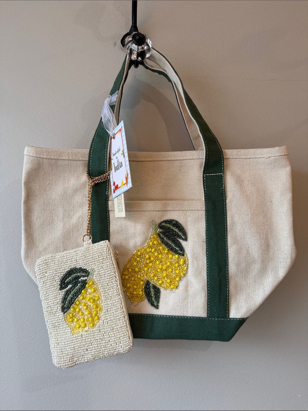India beaded Canvas Lemon Tote with Green Trim and Matching beaded Pouch